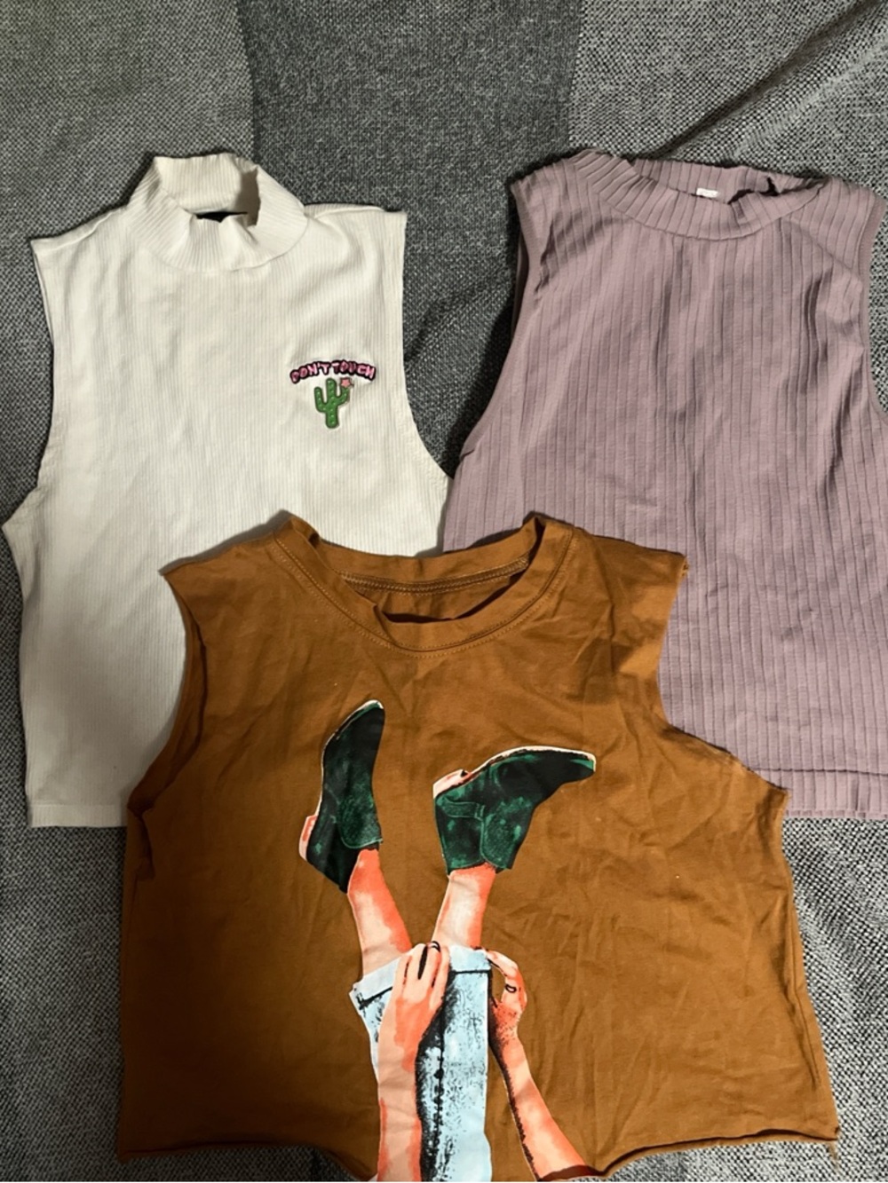 Bundle of 3: Women’s Sleeveless Crop Tops - White, purple & Brown